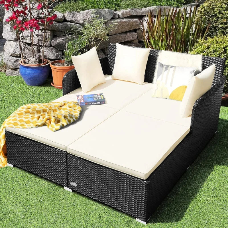 Outdoor Wicker Rattan Patio Daybed with Padded Cushions