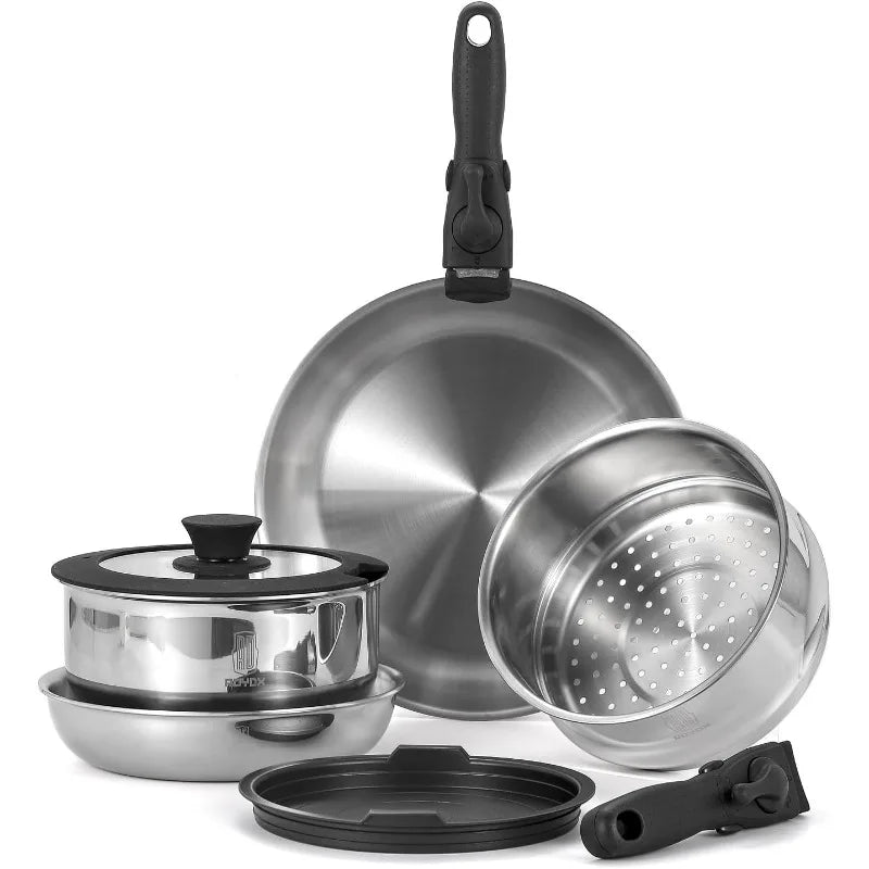 20 Piece Stainless Steel Cookware Set with Removable Handle