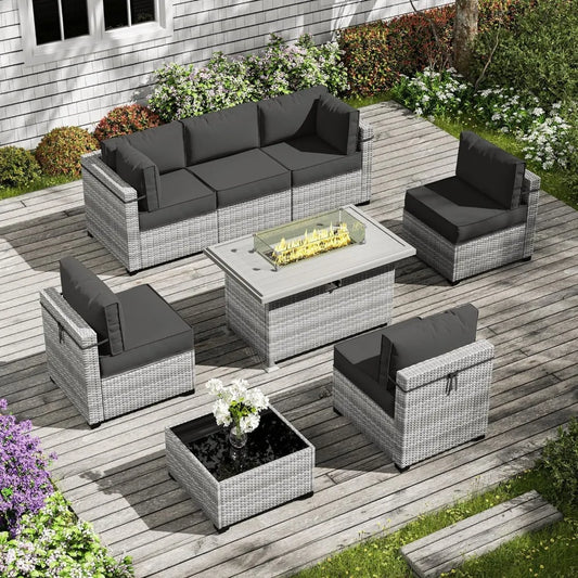 8 Piece Wicker Patio Furniture Set Includes 4 Center Sofas, 2 Corner Sofas, 1 Gas Fireplace Table, And A Tempered Glass Coffee Table