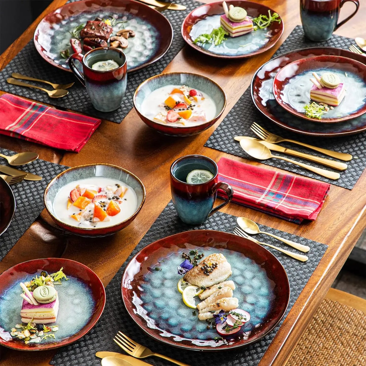 12 Piece, Reactive Change Glaze Dinner Set, Plates and Bowls Set