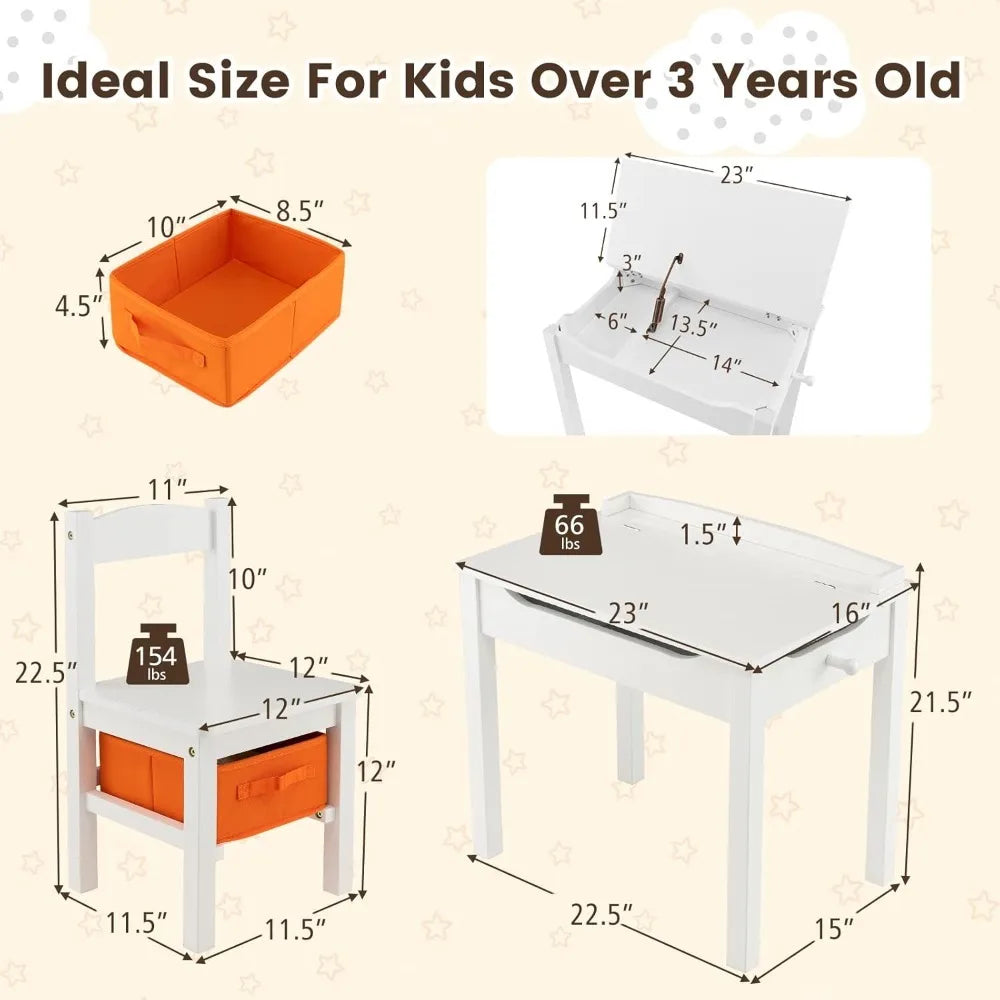 Kid's Wooden Lift-Top Desk & Chair Activity Table Set with Storage, Paper Roll Holder & Pen Slot