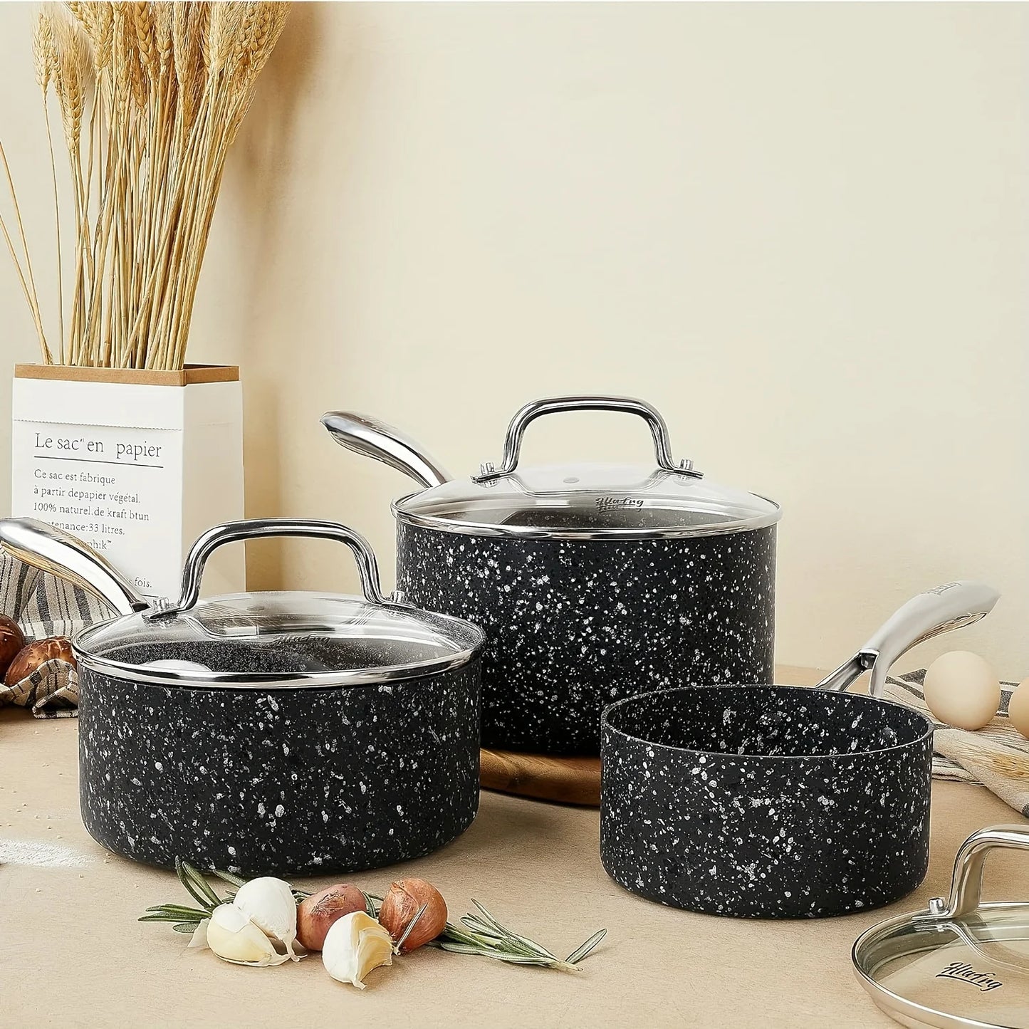 3-Piece Saucepan Set with Glass Lids, Natural Durable Granite Coating, Nonstick, Durable & Oven Safe to 450°F