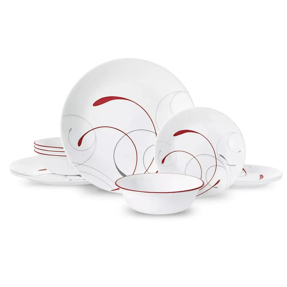 White and Red Round 12-Piece Dinnerware Set