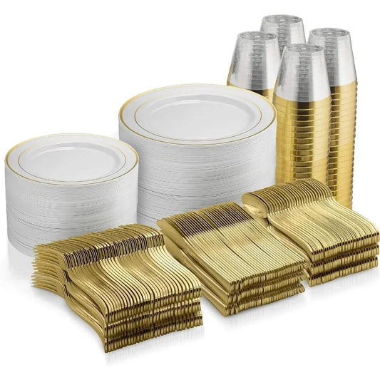 600 Piece Gold Plastic Dinnerware Set, Disposable