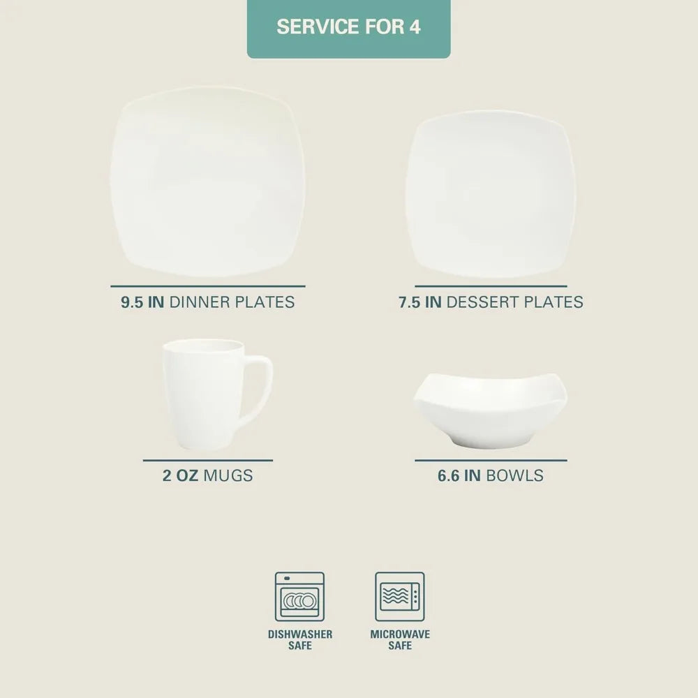 Square Porcelain Dinnerware Set for 4, White
