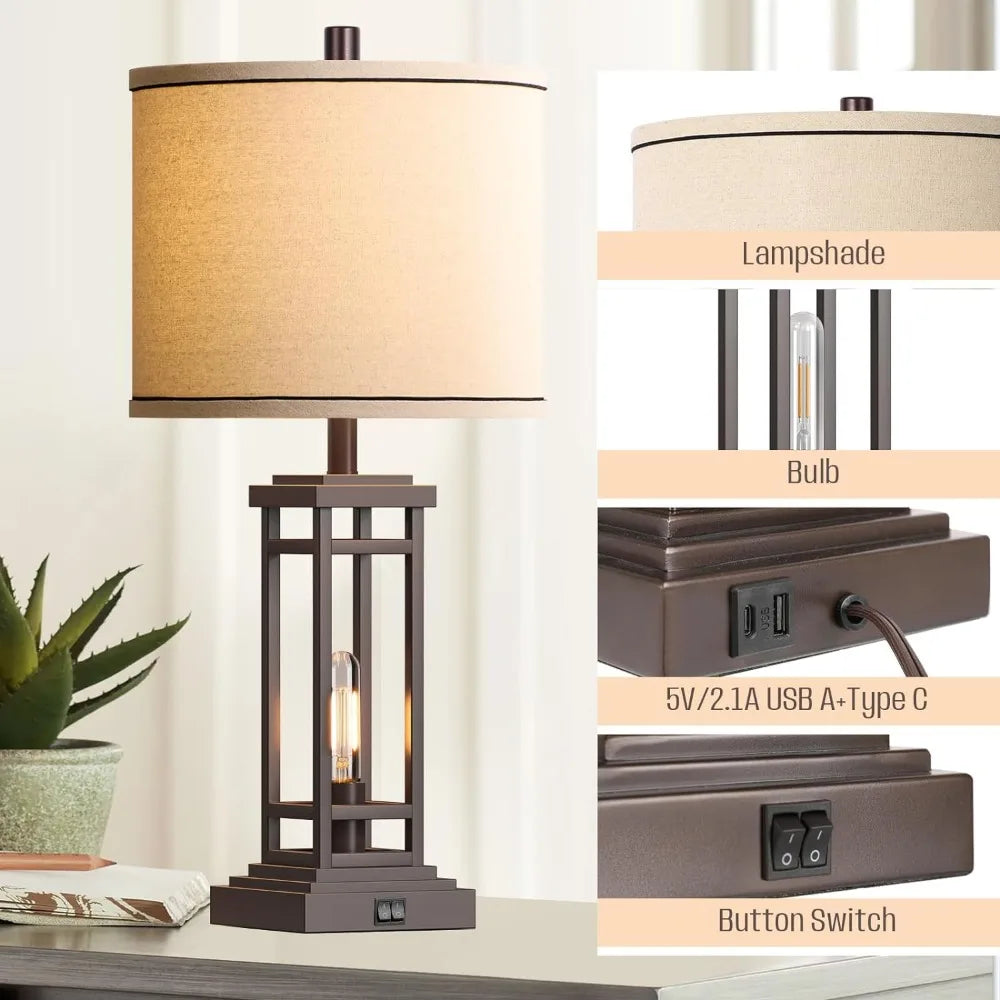 27.5 Tall Farmhouse Table Lamps with USB C + USB A Charge Ports, Set of 2