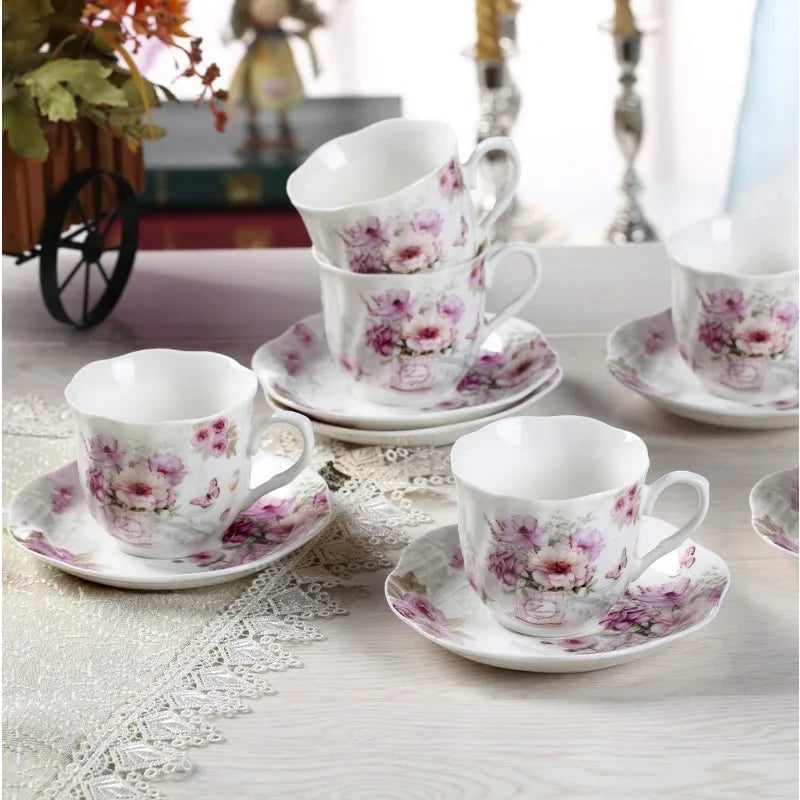 12 pcs Purple Floral Porcelain China Tea Cups and Saucers Set