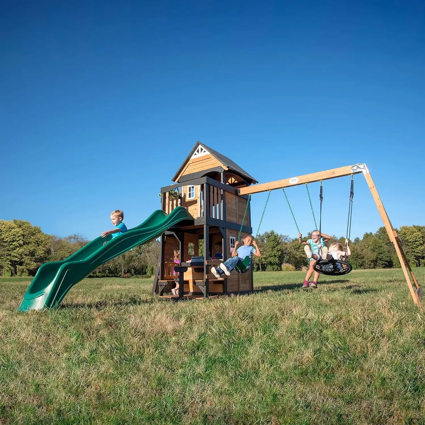 All Cedar Wood Swing Set w/Wave Slide, Grill, Plastic Food, Picnic Area