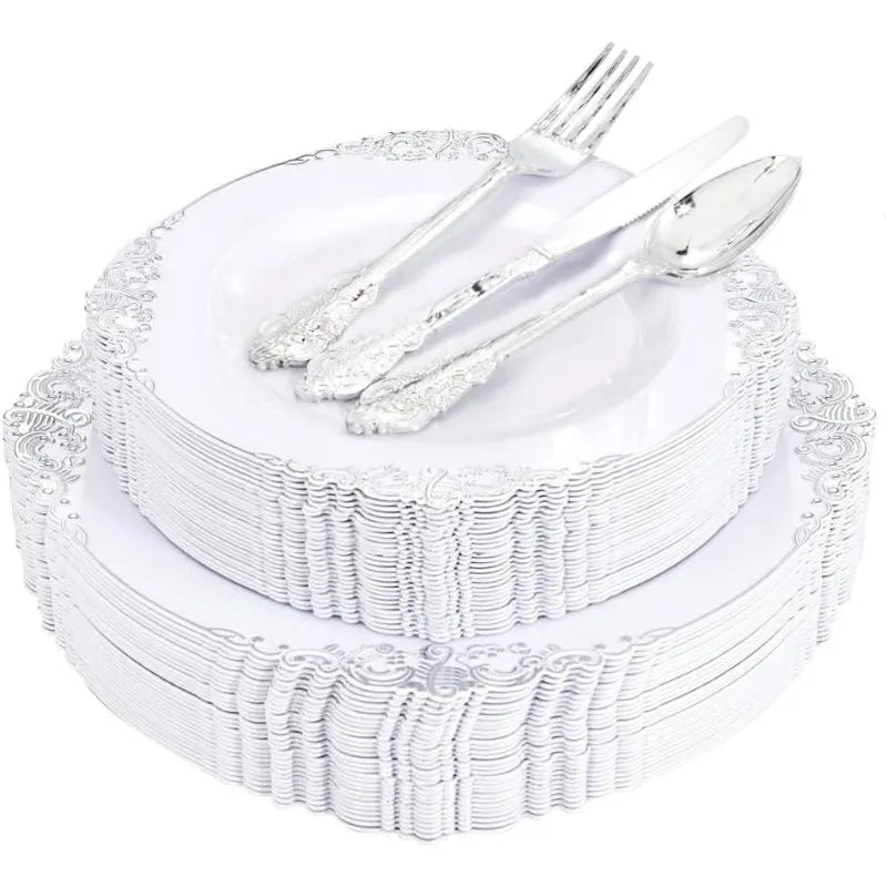 150PCS Clear-Gold Plastic Plates - Gold Plastic Silverware with Glitter Handle - 30 Guests