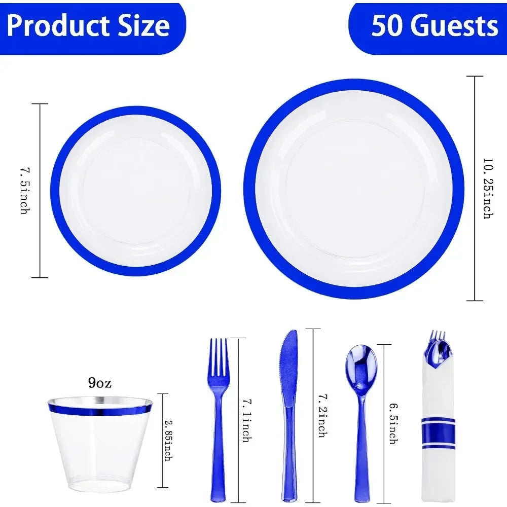 350 Pcs Dark Clear and Blue Plastic Plates, Include 50 Dinner Plates 10.25'', 50 Dessert Plate 7.5'', 50 Cups 9 OZ, 50 Napkins