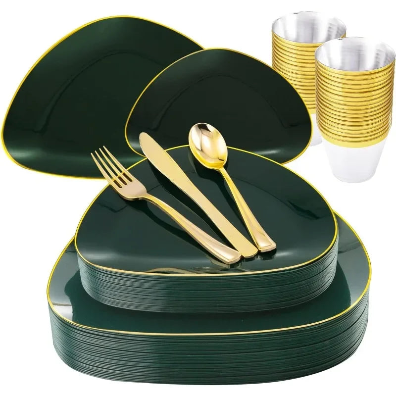 180Pcs Green/ Gold Disposable Dinnerware Set with Gold Tableware