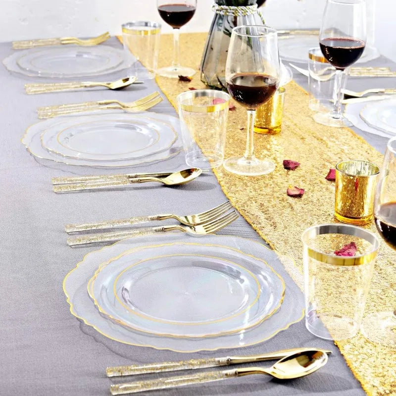 150PCS Clear-Gold Plastic Plates - Gold Plastic Silverware with Glitter Handle - 30 Guests