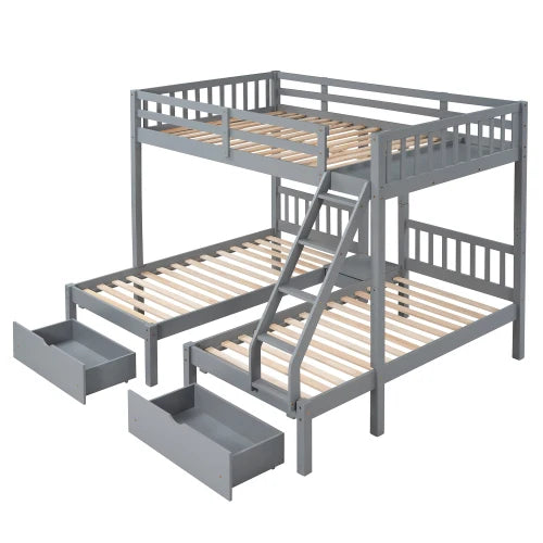 Wood Full over Twin & Twin Bunk Bed,Triple Bunk Bed with Drawers