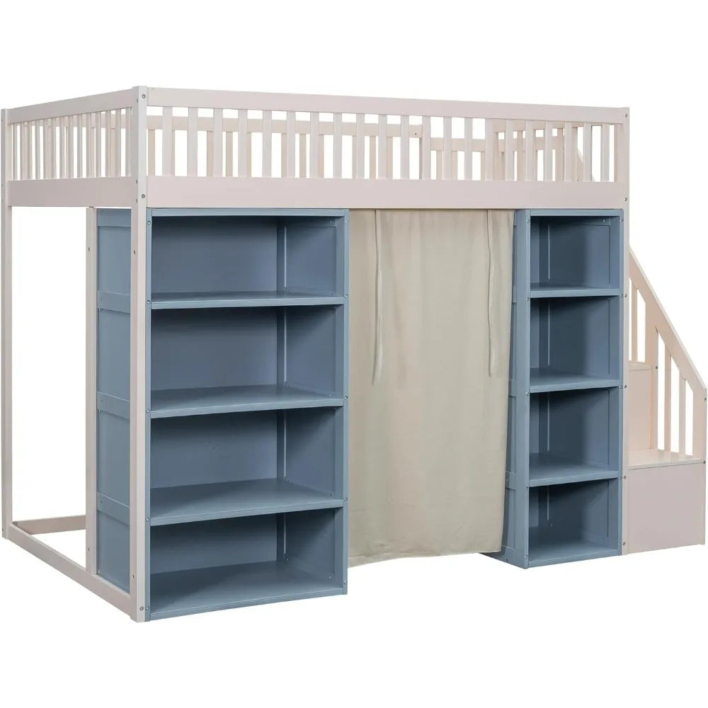 Full Size Loft Bed with Stairs and 2 Four-Layer Storage Cabinets and Curtain, for Kids, Teens, Adults (White+Blue)