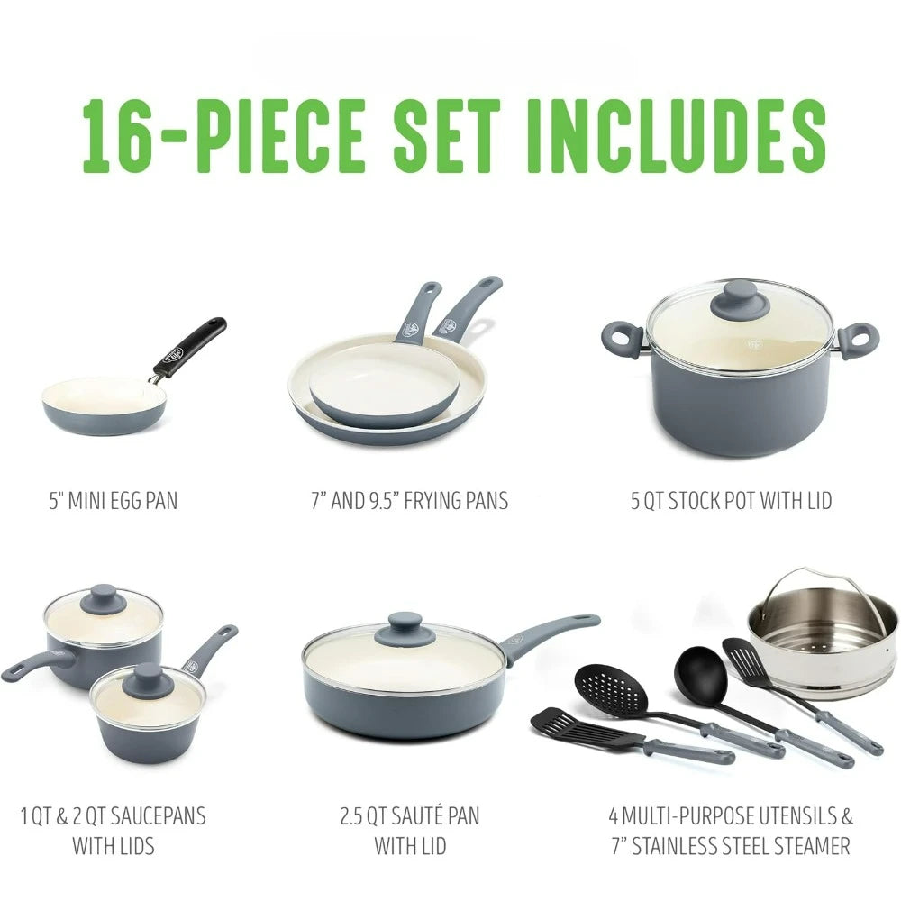 Ceramic Nonstick 16 Piece Kitchen Cookware Set, with Kitchen Utensils and Lid- Assorted Colors