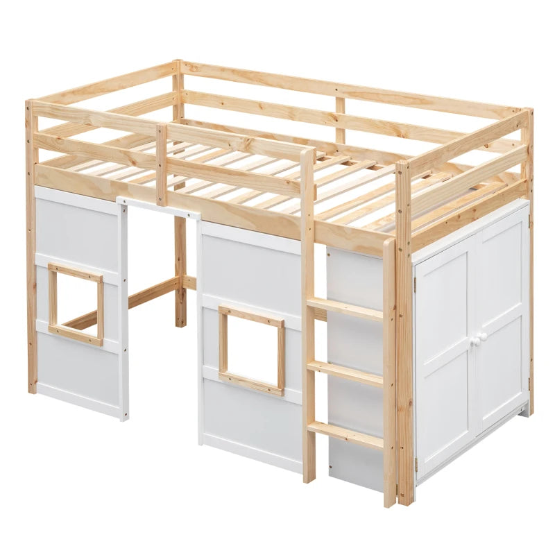 Wood Twin Size Loft Bed with Built-in Storage Wardrobe and 2 Windows