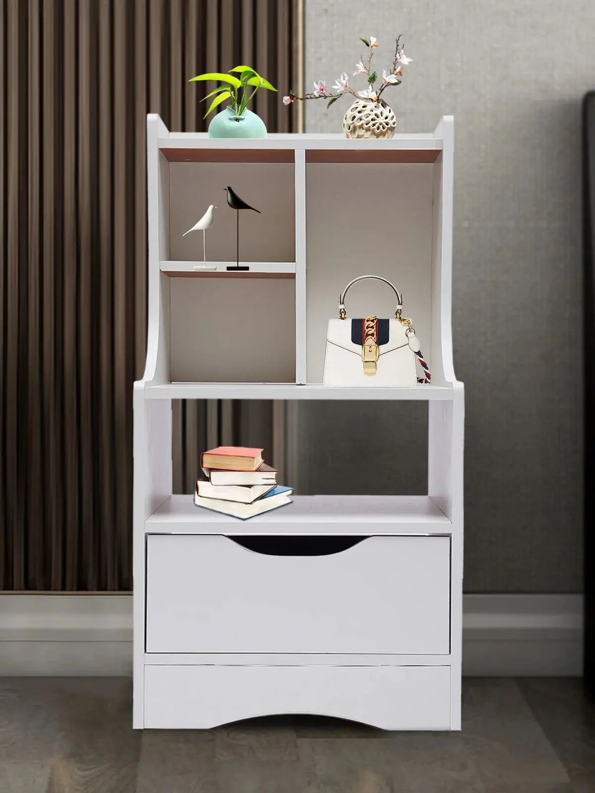 Free-Standing Wood Nightstand with Drawer and Open Shelf