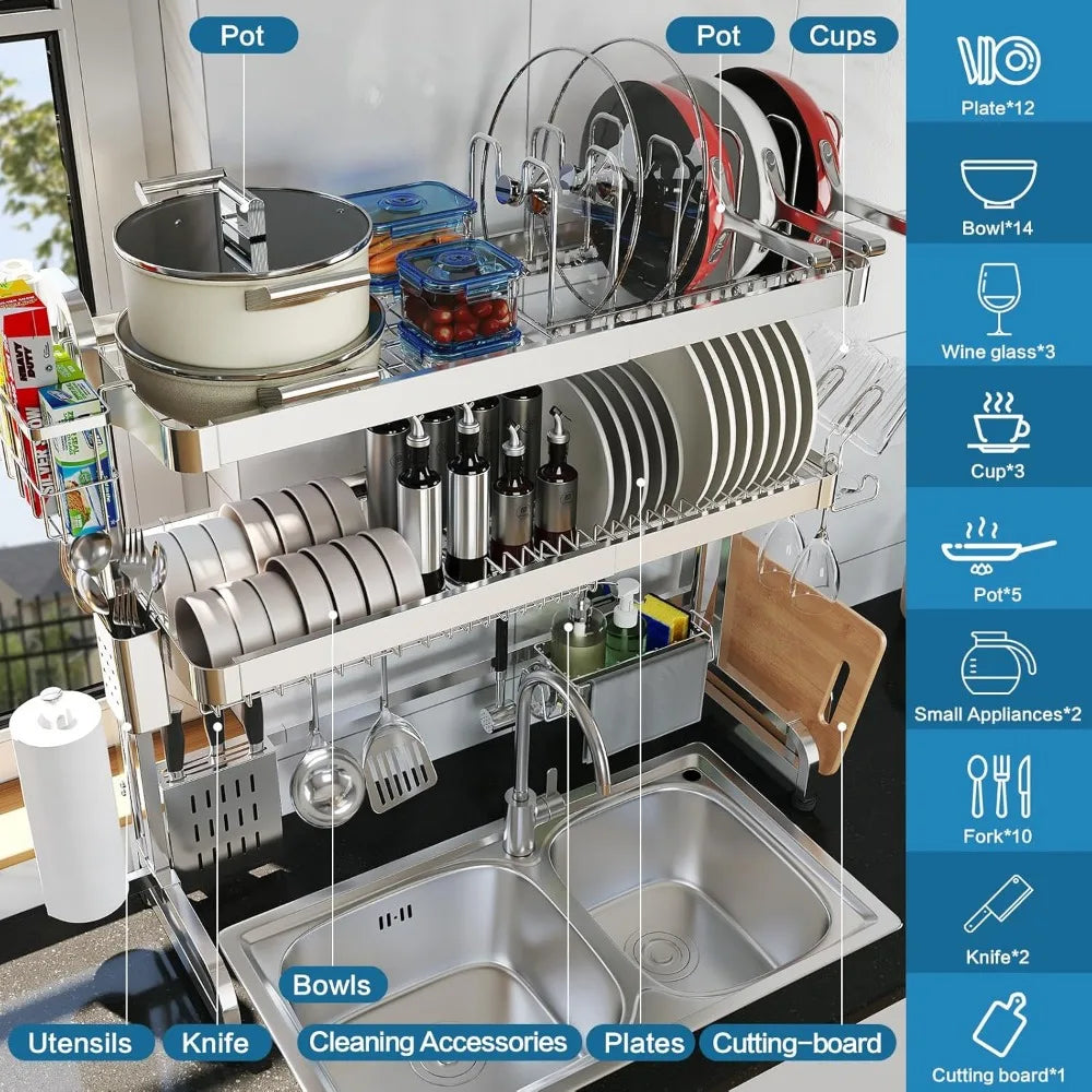 3-Tier Over Sink Drying Drainer Rack, Stainless Steel, Adjustable