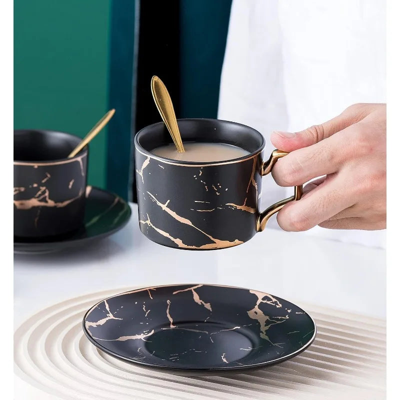 Set of 4- Hand Printed Golden Matte Ceramic Marble Coffee/Tea Cups with Spoons and Cup Holder