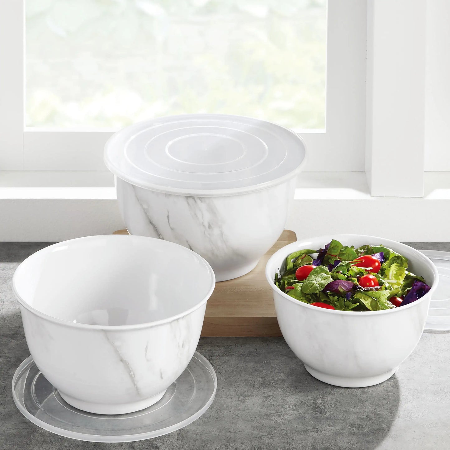 6-Piece White Marble Print Melamine Serving Bowl Set with Lids