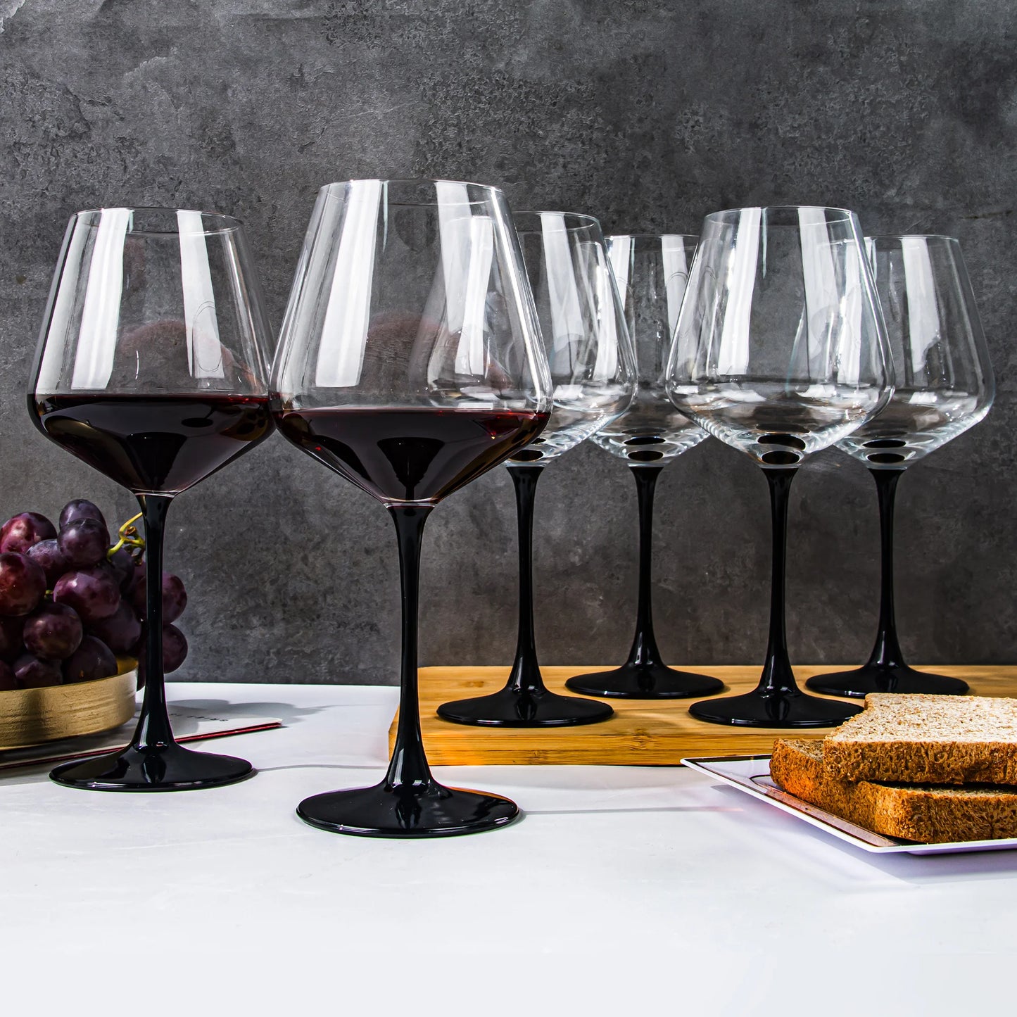 Set of 6, 20 oz Wine Glasses with Black Stem & Base