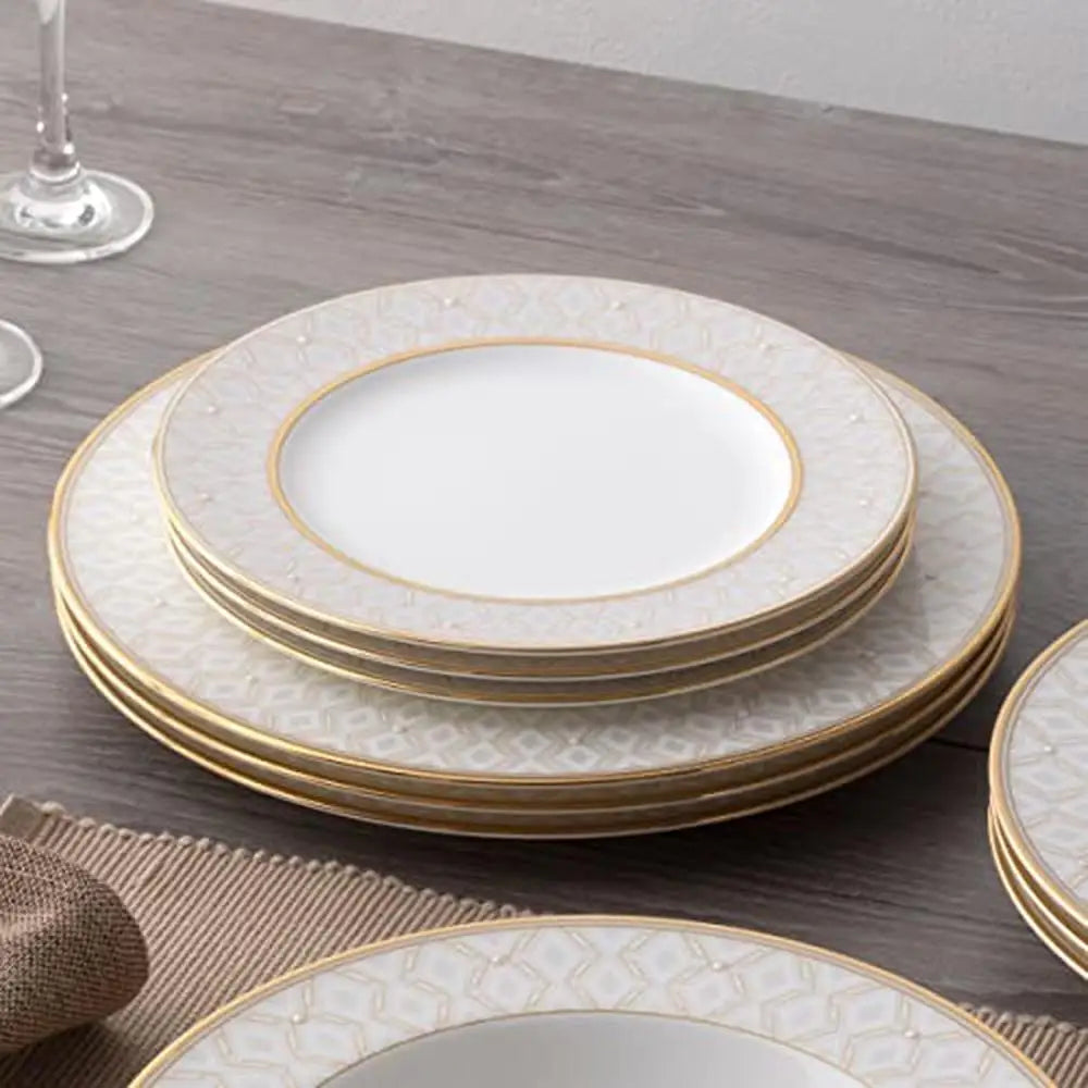 Elegant 12-Piece Cream/White Gold Band Accent Bone China Dinnerware Set