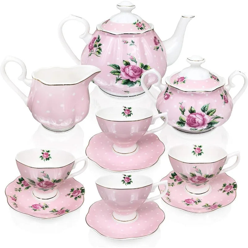 Floral Tea cups (8oz), Tea Pot (38oz), Creamer and Sugar Set, Gift box, Cups and Saucer Set