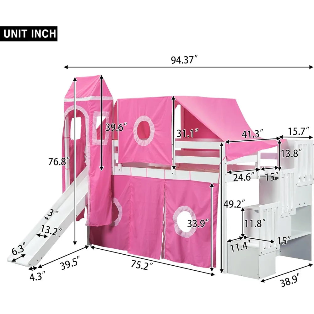 (Twin Size, Pink) Playhouse Loft Bed Frame with Tent and Tower,