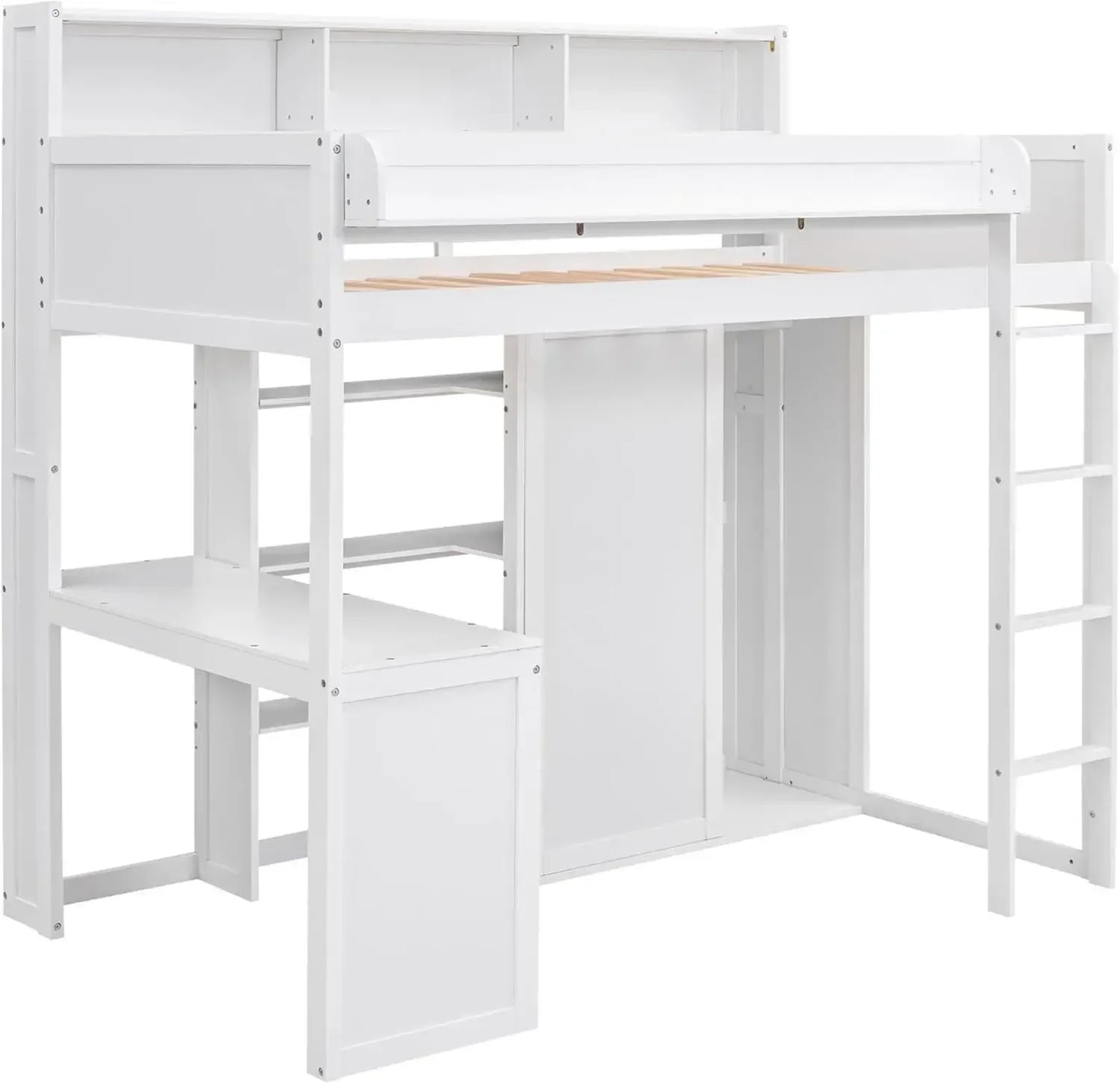 Solid Wood High Loft Bed Frame with Desk & Wardrobe