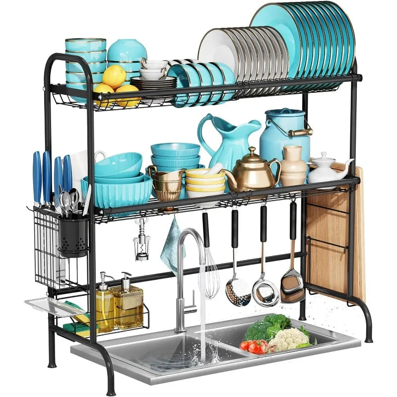 2 Tier Large Over Sink Dish Drying Rack with Utensil Holder