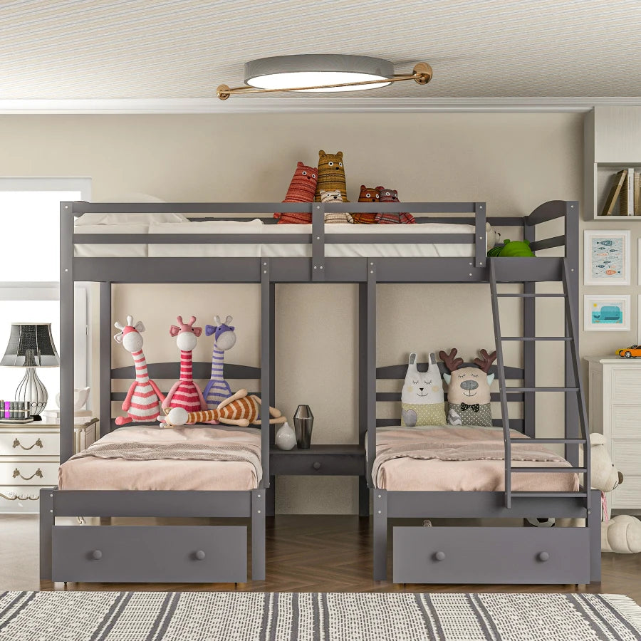 Wood Full over Twin & Twin Bunk Bed,Triple Bunk Bed with Drawers