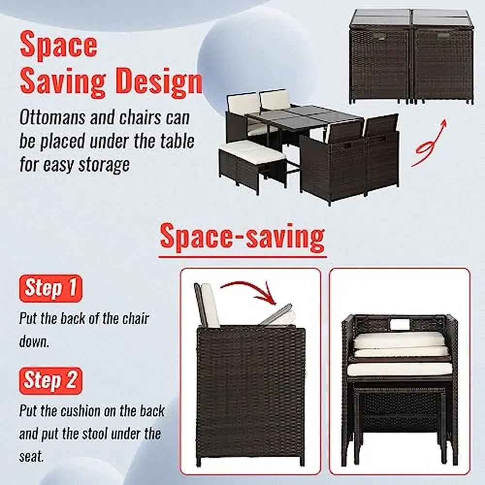 9-Piece Space-Saving Patio Dining Set with Glass Table Top