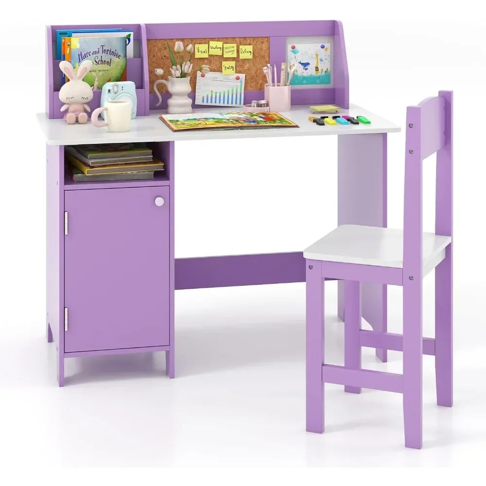 Wooden Children's Study Table with Storage, Cork Bulletin Board, Whiteboard & Marker