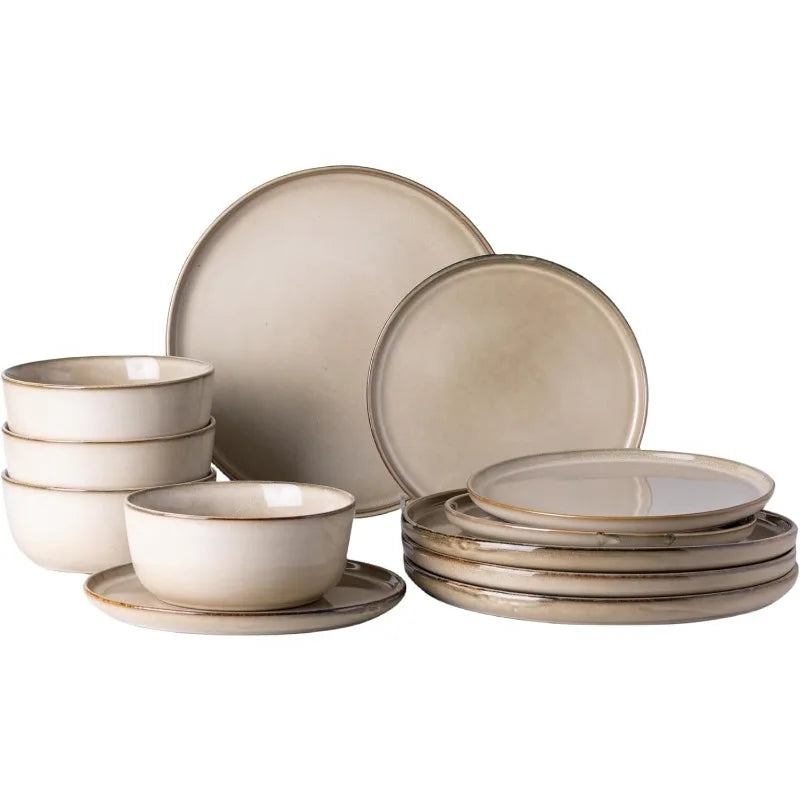 12 Piece Ceramic Dinnerware Set for 4, Scratch Resistant Dishes