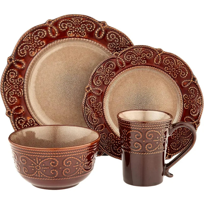 Round Decorated Scallop Embossed Dinnerware Dish Set, 16 Piece