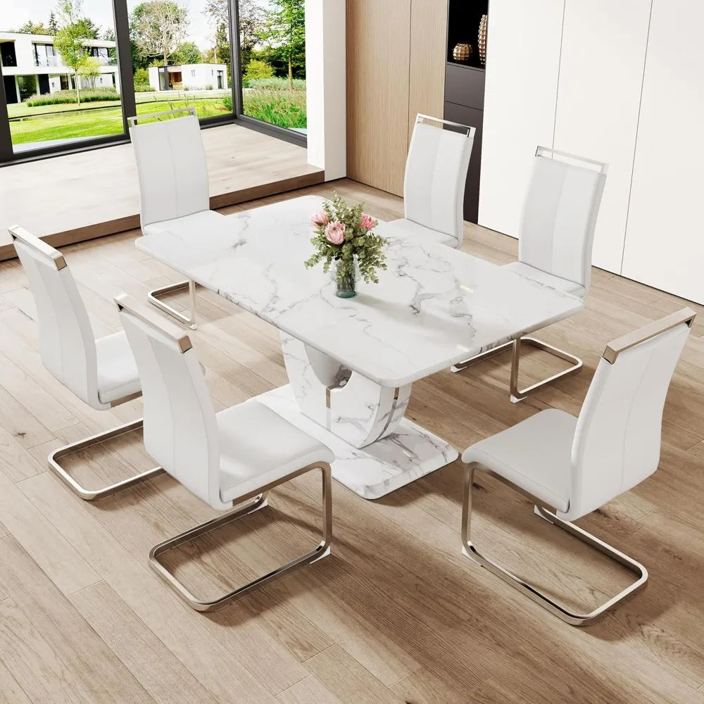 White Faux Marble Rectangle Dining Table Set for 6