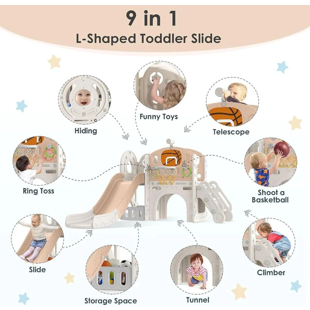 9 in 1 Toddler Slide, Kid Slide for Toddlers Age 1-3, with Ring Toss, Basketball Hoop and Telescope, Indoor Outdoor Slide