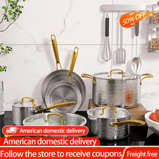 Tri-Ply Stainless Steel Hammered Kitchen Cookware Set, Induction Compatible, Dishwasher and Oven Safe,