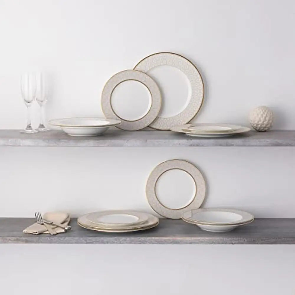 Elegant 12-Piece Cream/White Gold Band Accent Bone China Dinnerware Set