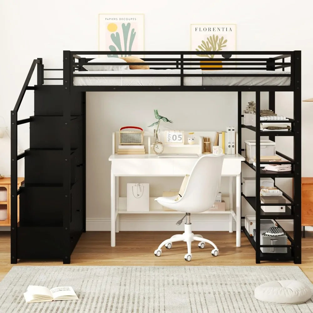 Full Size Heavy-Duty Metal Loft Bed with Stairs