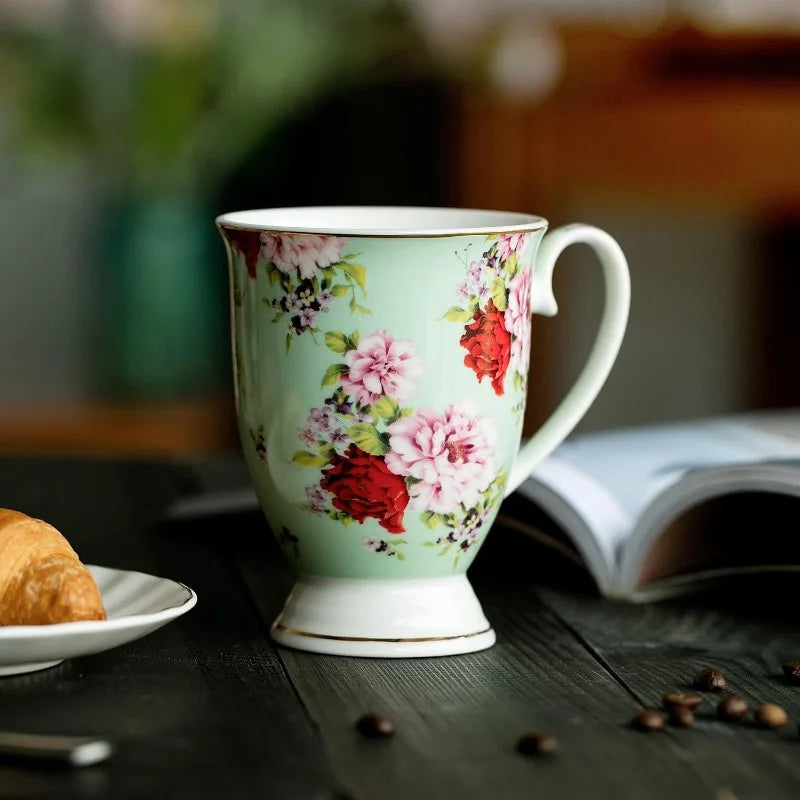 Set of 6, 12 oz, Floral Bone China Porcelain Mugs