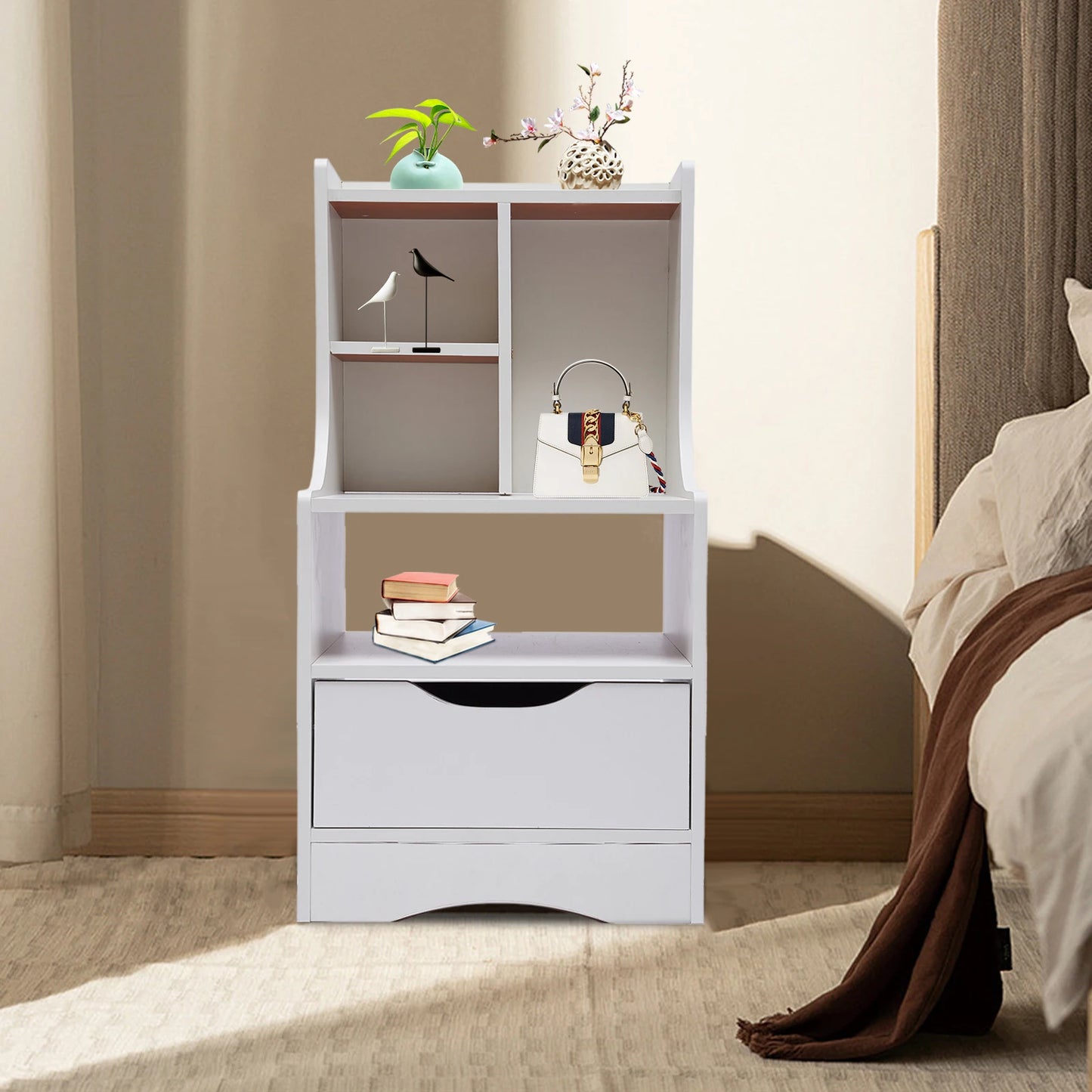 Free-Standing Wood Nightstand with Drawer and Open Shelf