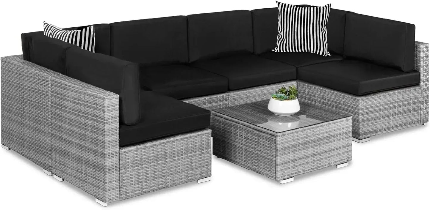 Modular Outdoor Sectional Wicker Patio Conversation Set w/ 2 Pillows, Coffee Table, Cover Included