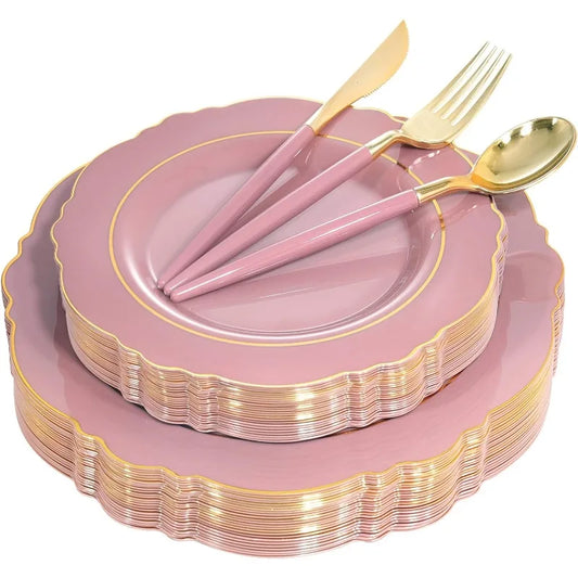 100PCS Disposable Plastic Plates With Gold Rim - For 20 Guests