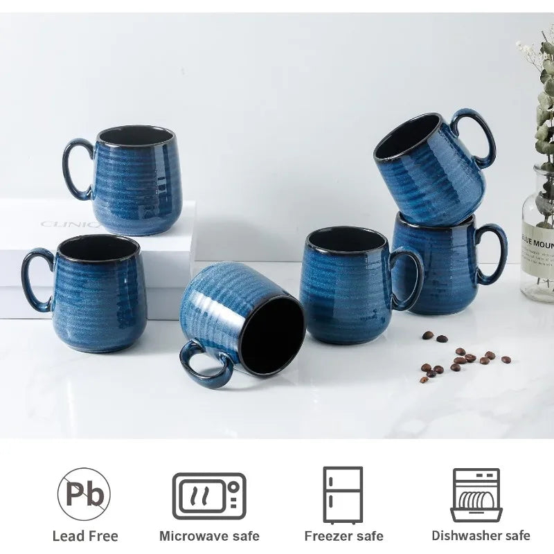 Set of 6, 12 Ounce Ceramic Coffee Cups Set with Handle