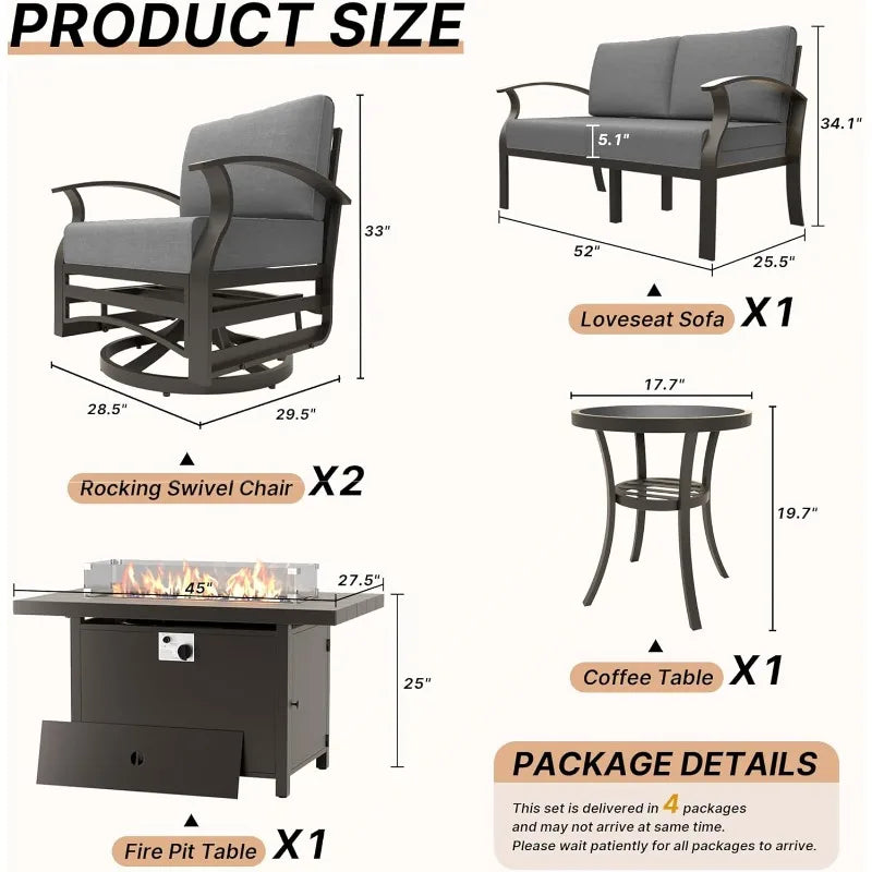4-Seat Modern Metal Outdoor Conversation Set w/45in Propane Fire Pit Table