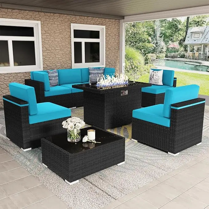 8 Piece Patio Furniture Set with 44 inch Propane Gas Fire Pit Table