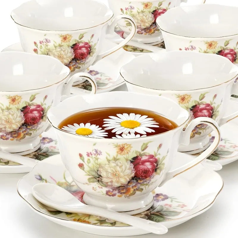 Floral Tea Cups and Saucers Set of 6, with Gold Trim, 6 oz