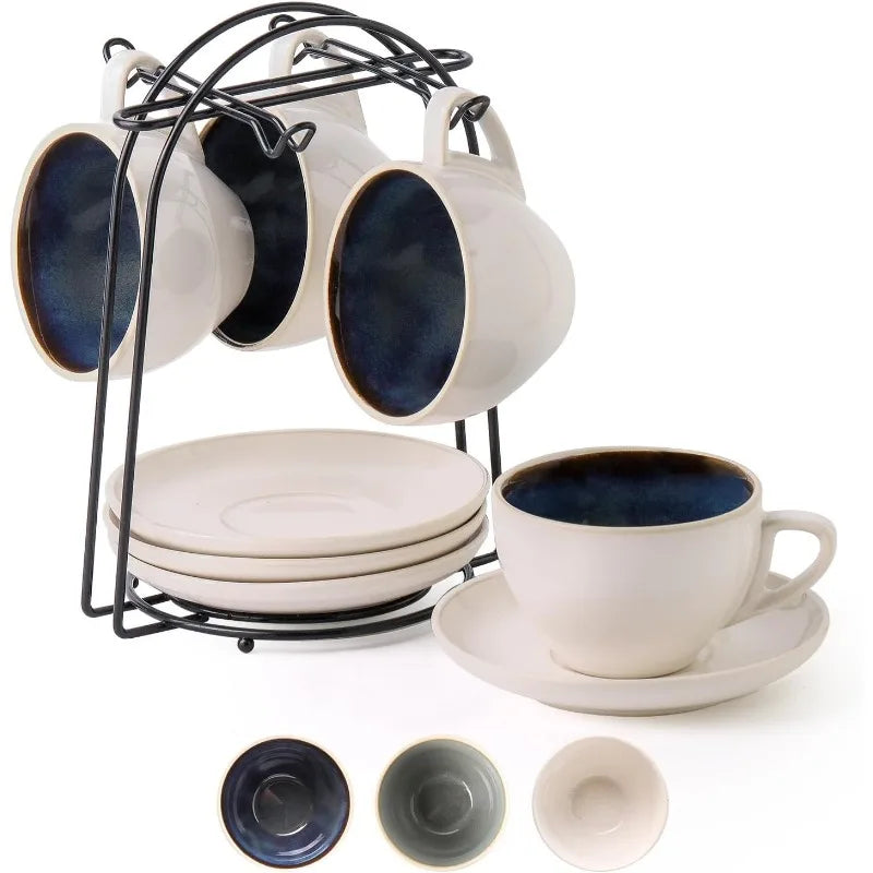 Set of 4 [8oz] Porcelain Coffee Cups with Saucers and Holder