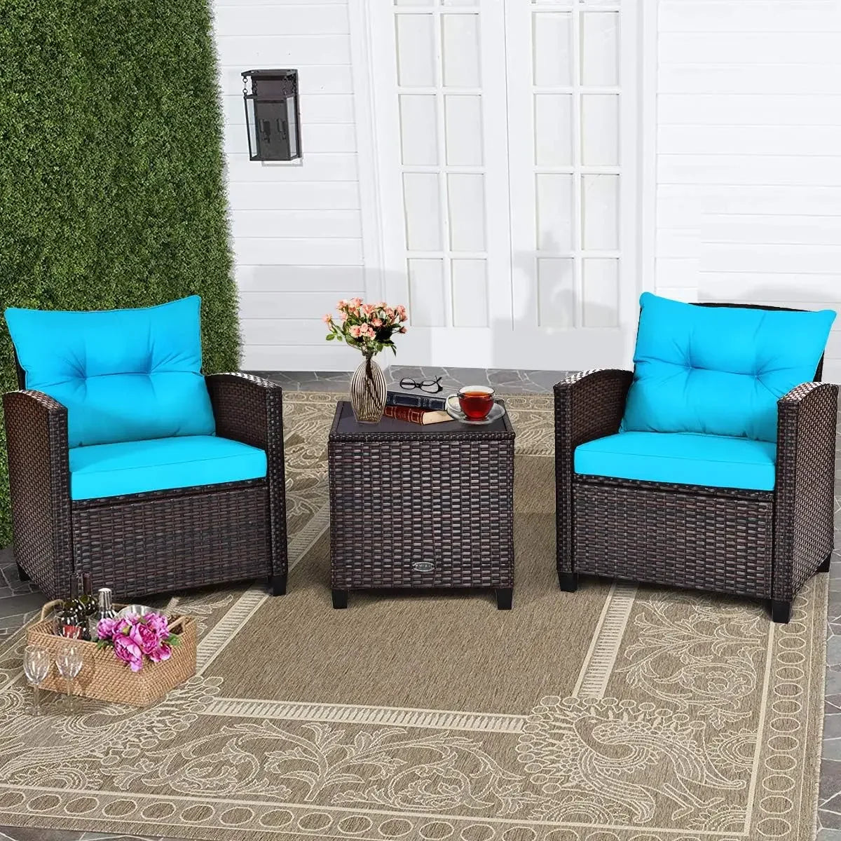 3 Piece Outdoor Rattan Sofa Set with Tempered Glass Tabletop